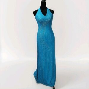 Tiffany‎ Design Beaded Silk Prom Halter Dress Maxi Gown 4 Blue Fairy Glam